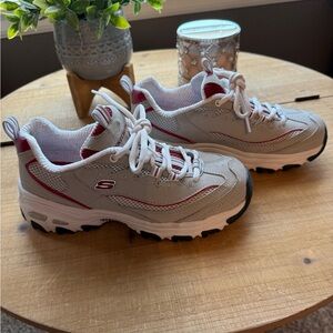 Skechers D’Lites Women’s Gray, White and Red Sneakers